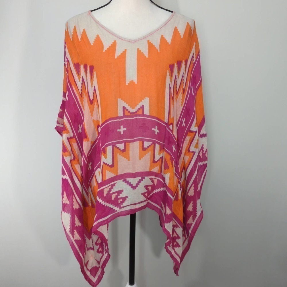 Theodora & Callum Womens Poncho Top Orange Aztec Print OS